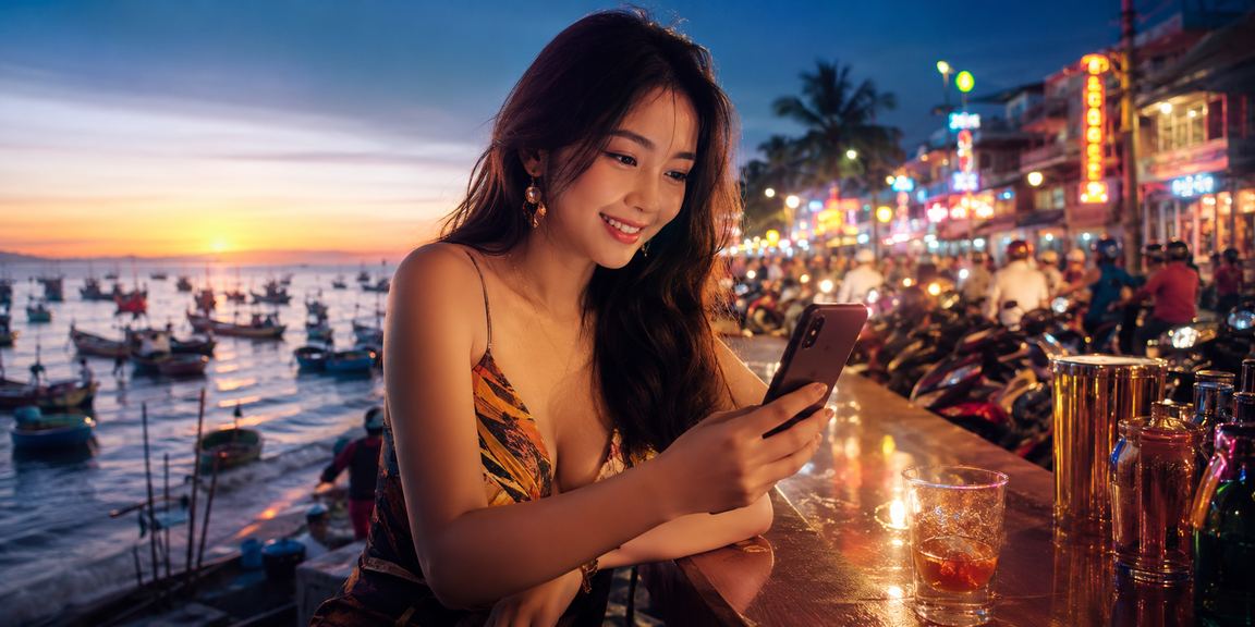 Khung cảnh bãi biển với điện thoại di động hiển thị trò chơi casino tại Mui Ne